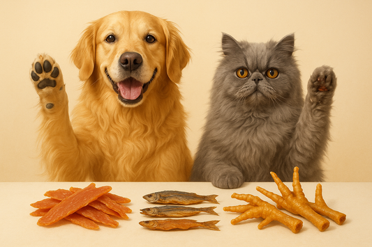 A Golden Retriever dog and grey Persian cat sitting side by side with paws raised in a waving gesture, with an assortment of dehydrated pet treats arranged in front of them
