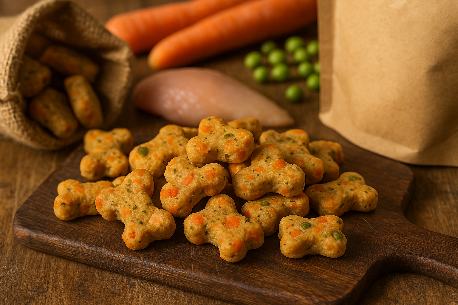 Organic chicken and vegetable dog treats with a homemade appearance on a rustic surface